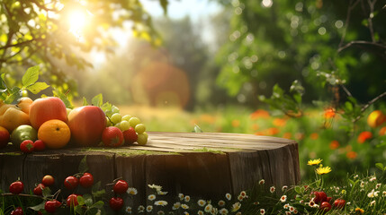 Farm wood nature field fruit table product grass garden background stand green food. Nature wood landscape morning farm outdoor sky podium forest stump beauty sun scene platform view beautiful trunk 