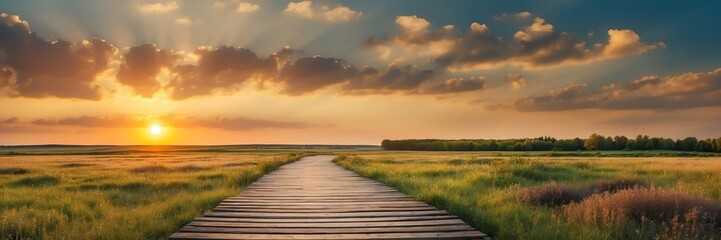 Wall Mural - Beautiful panoramic sunset summer spring landscape with wooden path nature banner poster background backdrop from Generative AI
