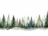 Fototapeta Las - Panoramic Watercolor Fir Tree Line on White Background in Dark Green and Light Gray Christmas Punk Style Generative AI