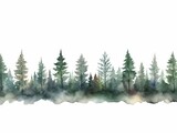 Fototapeta Las - Watercolor Tree Line: Rowan Tree Panorama with Dark Green and Light Gray Holiday Aesthetics Generative AI