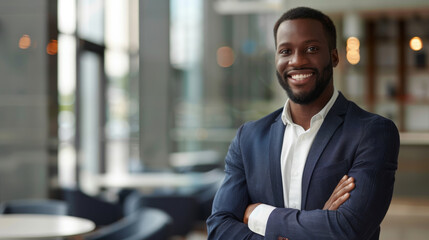 Wall Mural - Smiling elegant confident young professional black afro american business man , male proud leader, smart businessman lawyer or company manager executive looking at camera standing in office