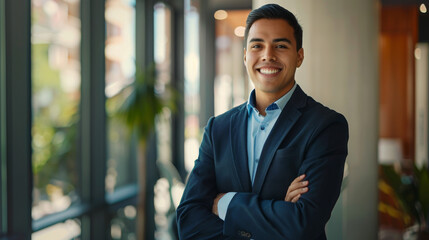 Smiling elegant confident young professional Latino hispanic business man , male proud leader, smart Latin businessman lawyer or company manager executive looking at camera standing in office