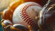 Baseball in glove, closeup, ready to play, bright field light, sports passion, detailed texture