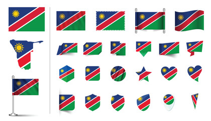 Wall Mural - set of Namibia flag, flat Icon set vector illustration. collection of national symbols on various objects and state signs. flag button, waving, 3d rendering symbols