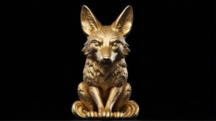 Gold coyote statue on plain black background facing forward from Generative AI