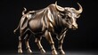 Shiny bronze bull statue on plain black background facing forward from Generative AI