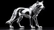 Shiny silver wolf statue on plain black background facing forward from Generative AI