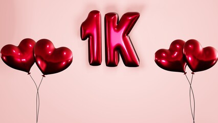 1k , 1000 followers, subscribers, likes celebration background with heart shaped helium air balloons and balloon texts on pink background 8k illustration.