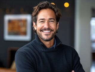 Wall Mural - A man in a black sweater smiles with his arms crossed