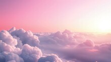 Over A Vast Expanse, The Sky Blushes With A Gentle Pink Tint, As Fluffy Clouds Stretch Endlessly Across The Horizon. 