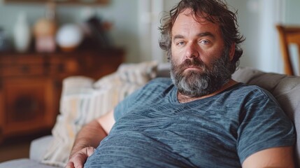 Canvas Print - A man with a beard sits on a couch in a living room setting