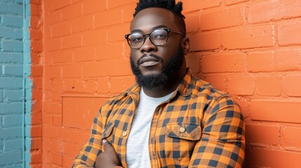 Poster - A man in glasses stands confidently before a textured brick wall