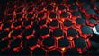Bright abstract red hexagon shaped rays lights on plain black background from Generative AI