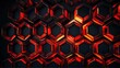 Bright abstract red hexagon shaped rays lights on plain black background from Generative AI