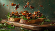 Capturing the essence of fresh, gourmet bruschetta with flying mushrooms and greens with a rustic feel