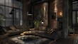 © AI Stock House - Industrial style of dark living room interior