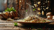 A tantalizing view of creamy risotto with mushrooms, cheese flakes falling down and herbs, mid-action capture adding to the dining experience