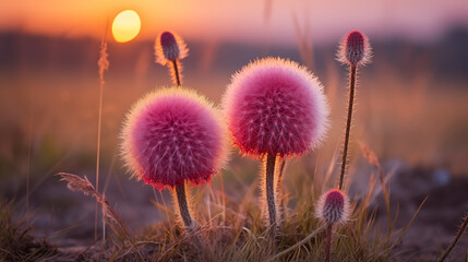 Wall Mural - Thistle flowers standing tall against a soft sunset sky in the wild