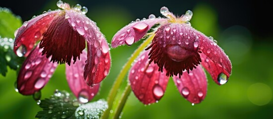 Wall Mural - Closeup of two magenta flowers with water droplets on their petals, showcasing the beauty of flowering plants in their moist environment