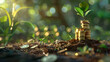 A sapling emerges from the soil beside a stack of gold coins, illustrating the theme of financial growth and green investment opportunities