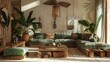 Living room interior design render beige, brown and green colored furniture and wooden elements