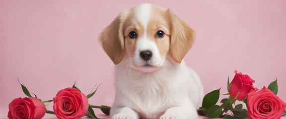 Wall Mural - Banner with Cute puppy gives a rose colorful background