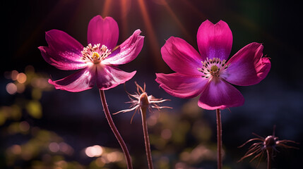 Wall Mural - Pink cosmos flowers illuminated by sunbeams on a bokeh background