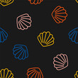 Seamless pattern with colorful outline seashells and black background