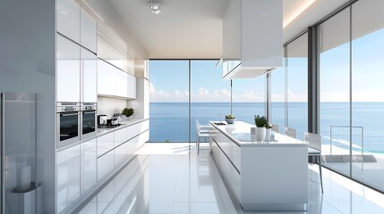 Modern white kitchen with ocean view