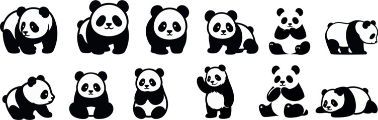 Wall Mural - Panda vector illustration, cute poses of panda silhouette