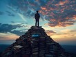 Figure standing atop a mountain of books, dusk, silhouette, ascent to knowledge success