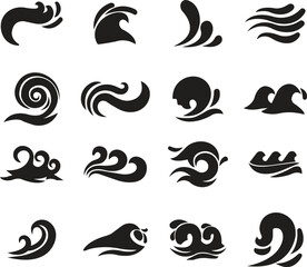 Fototapete - Set of Black wave icons in fill flat styles. Wave illustration signs can be used for web, mobile app. Ocean symbol. Water sea element, Ocean liquid curve flowing swirl storm on transparent background.
