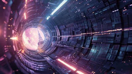 Poster - Futuristic background - abstract technology concept with glowing neon lights and geometric shapes in dark space, perfect for science fiction designs and digital art projects