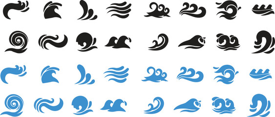 Fototapete - Set of waves icons in fill flat styles. Wave illustration signs can be used for web, mobile app. Ocean symbols. Water sea elements, Ocean liquid curve flowing swirl storm on transparent background.