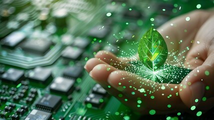 Environmentally-friendly green electronics and it communication technology concept with hand-edited servers