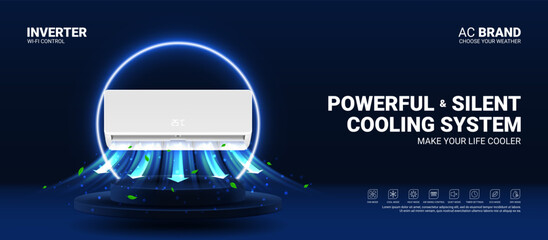 Wall Mural - Horizontal ad banner of air conditioner. Realistic vector illustration with air conditioner on podium with neon circle. Modern split system climate control for home. Product mockup concept.