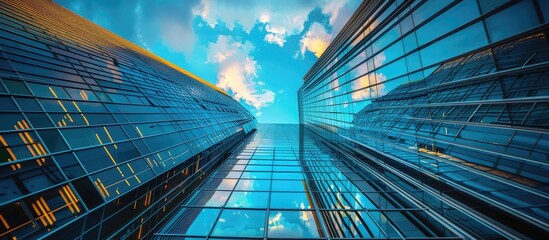 Wall Mural - Abstract rooftop view of a tall business building in a cityscape with blue sky backdrop, representing architecture and industry patterns.