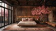 Modern Bedroom Interior with Cherry Blossom Tree