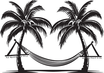 Seaside Serenity Hammock Between Coconut Palms, Vector Black Logo Tropical Haven Hammock Swaying Between Two Palm Trees, Black Emblematic Icon