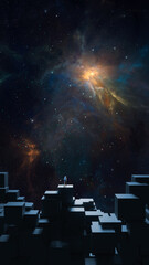 Wall Mural - space background. astronaut walking on abstract 3d cube in colorful fractal nebula with starfield. d