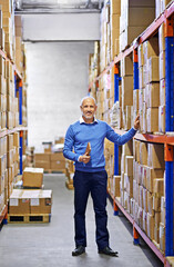 Poster - Checklist, boxes or man in warehouse for shipping delivery order, storage or stock in factory with tablet. Printing logistics, happy mature manager or supplier inspection on package, cargo or safety