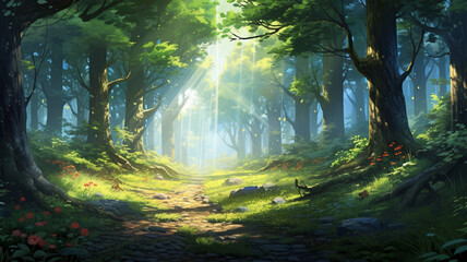 Wall Mural - Light and forest - Day Anime background illustration