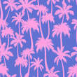 Palm trees seamless pattern. Vector pink tropical jungle texture on blue background. Abstract dark palm silhouettes summer print for textile, exotic wallpapers, wrapping, fabric.