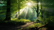 Scenic Forest Of Fresh Green Deciduous Trees Framed Sunlight