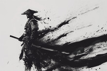 Ink-Brush Samurai Stance. An Artistic Monochrome Ink-brush Illustration Of A Samurai In Full Armor, Poised And Looking Into The Distance With His Sword At The Ready.