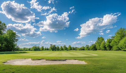 Serene Golf Course on Sunny Day. Wide-angle shot of a tranquil golf course featuring a pristine sand bunker, lush greenery, and a clear blue sky with fluffy clouds.