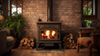 Wood Burning Stove in a Brick Fireplace fireplace
