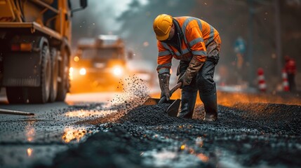 a road worker shovels and levels the asphalt of the road to be repaired while wearing an orange safe