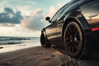 close up tire sport car on the summer beach. Generative Ai