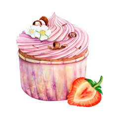 Wall Mural - Cupcake muffin cream watercolor drawing sweet. Strawberry fruit chocolate cake. Sweet flower sugar treat. Bakery tasty dessert illustration. Birthday decoration. Aquarelle picture isolated white